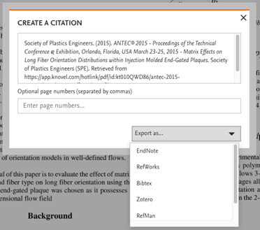 screenshot of citation export